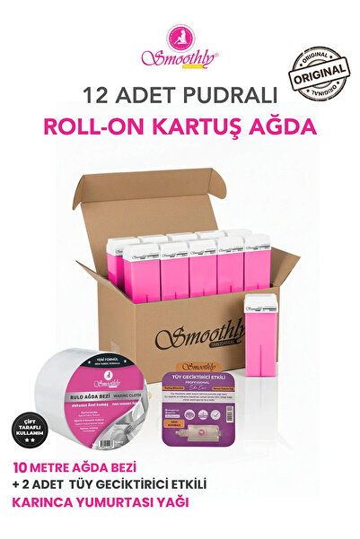 Smoothly Kartuş Pembe Roll-on Sir Ağda 12 Li Set 2 Karınca Yumurta Yağı , 10 Metre Ağda Bezi