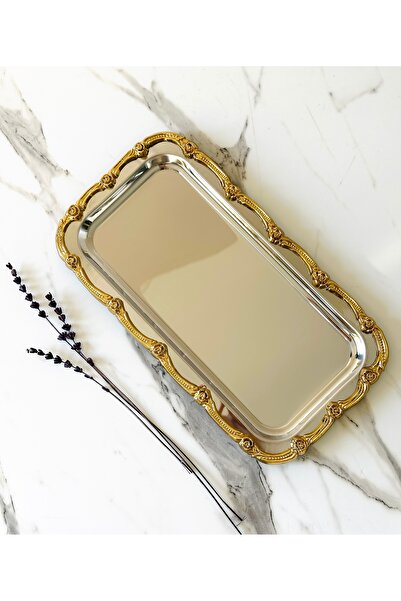 Melinda home صينية تقديم الشاي والقهوة من الفولاذ المقاوم للصدأ ذهبية-فضية من فيوري، قطعة واحدة (33×17)