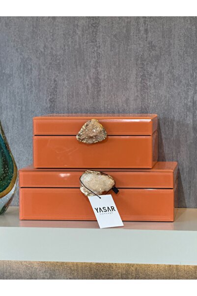 YASAR CONCEPT مجموعة صندوق زجاجي مزخرف من ميرافيا باللون البرتقالي مع أحجار طبيعية