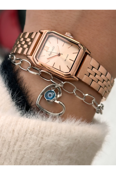 Ferrucci Milano Serisi, Çelik Kordon, Su Geçirmez, Rose Renk, Kadın Kol Saati+Nazar Boncuklu Bileklik