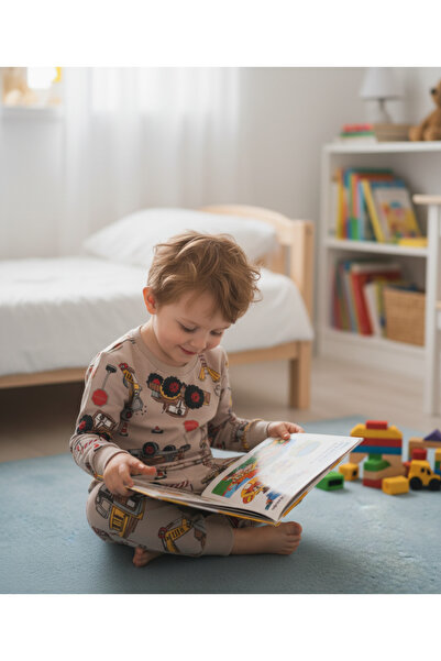 Arya Nisa Kids Boy's Tractor Printed Cream Color 100% Cotton Sh Fleece-Lined Pajama Set