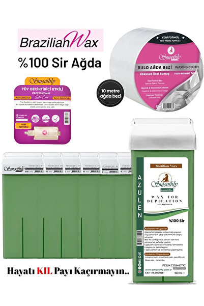 Smoothly 6 adet AZULEN Brazılıan Rool on kartuş ağda 10 mt sir ağda bezi 1 ad.tüy azaltıcı losyon
