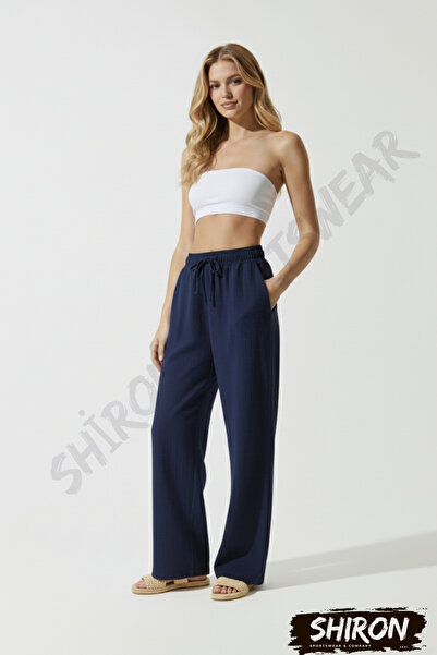 Shiron Sportswear&Company Muslină bleumarin pantaloni palazzo 100% bumbac org...