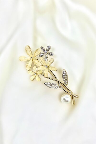 MatmazelLavinya Zirkon Taş Ve İnci Detaylı Yasemin Çiçeği Broş Yaka İğnesi