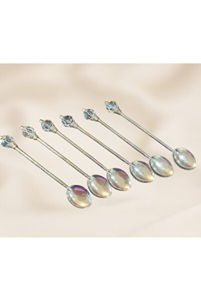 esdekor 6'lı Beyaz Taşlı Gümüş Renk Metal Kristal Uçlu Çay Kaşık Seti Sunumlu...