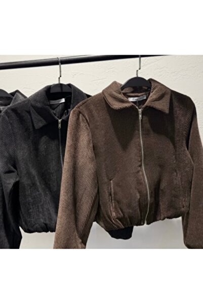 LUMİ Kadın Fitilli Kadife Kısa Bomber Ceket Fermuarlı – Siyah & Kahverengi