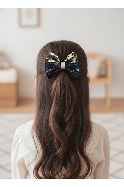 UniqueHandMade اليدوية مساء اللباس الترتر الأزرق الداكن التلقائي القوس الأطفال مشبك، الترتر القوس المرأة مشبك