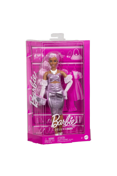 Barbie Păpușă Deluxe cu păr roz și haine roz metalizate, 30 cm