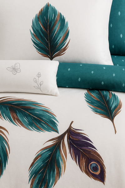 Casa Pucioasa Lenjerie de pat din bumbac fin, 6 piese - model pene, cearșaf obișnuit 230x250