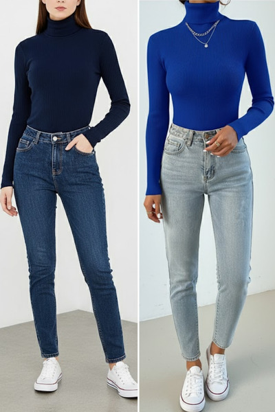 ZENCHES 2'Li Ekonomik Paket Slimfit Boğazlı Kazak