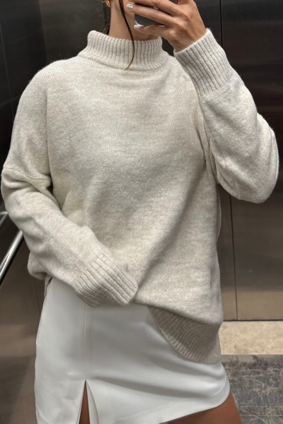 Noi Belis Pulover de bază cu guler în picioare oversize moale texturat AW25KZ0010