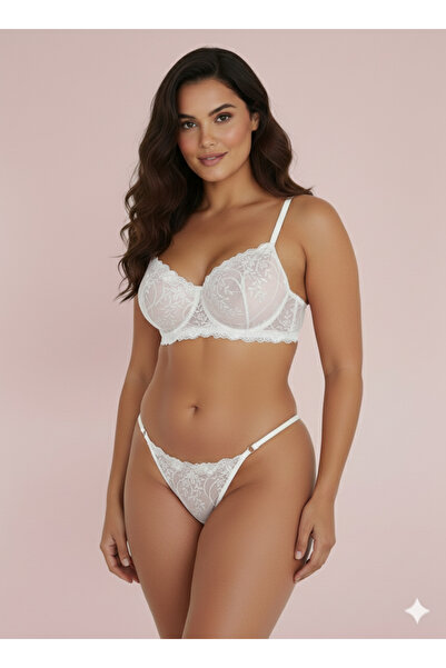 La Linaa Σετ εσώρουχα με διάφανο σουτιέν με δαντέλα εκρού μεγάλου μεγέθους