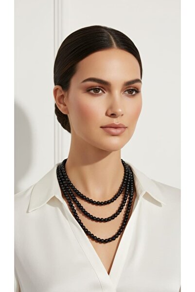 TUHAM AKSESUAR BLOOM SİYAH 3'LÜ İNCİ KOLYE