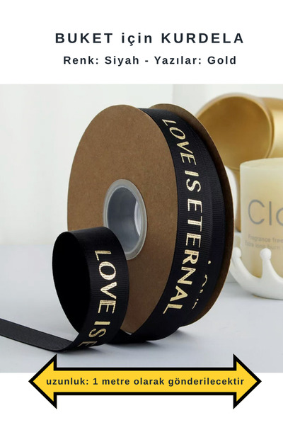 COLORPAK Ribbon for Flower Bouquet Black (1 Meter Length) 2.5 cm Width (Love Is Eternal B Printed