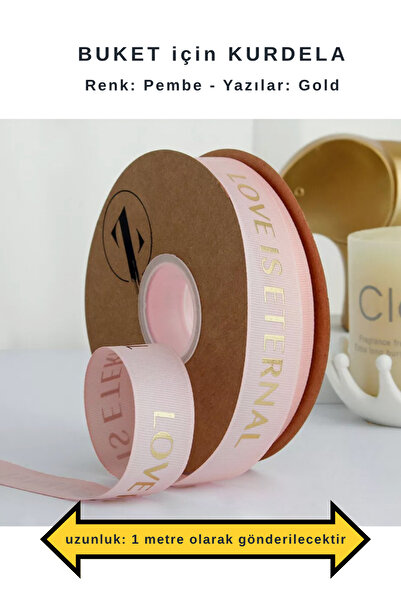 COLORPAK Ribbon for Flower Bouquet Pink (1 Meter Length) 2.5 cm Width (Love Is Eternal Printed)