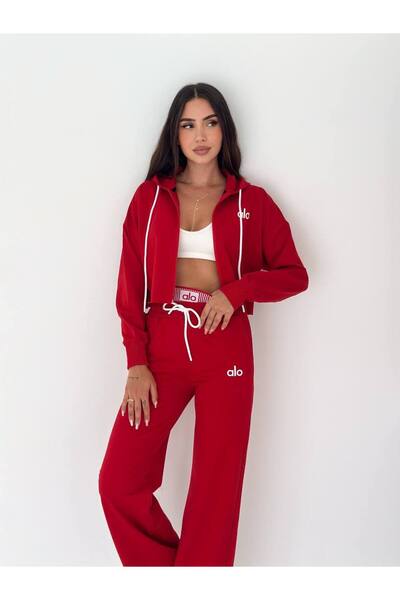 strivex Premium Red Tracksuit Set with Hooded Zippered Crops on the Top and Flared Pockets on the Bottom