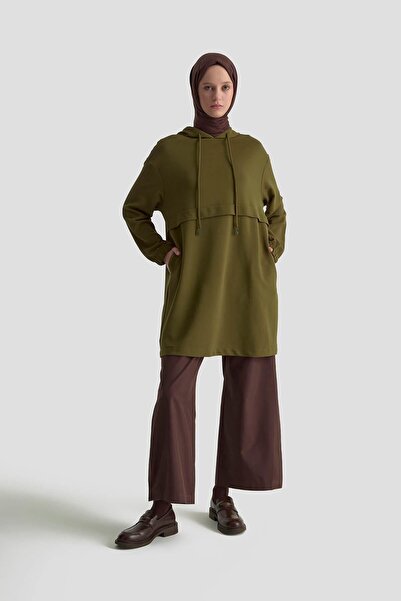 Armine TREND Hooded Tunic with Corded Fabric Side Pockets and Elasticated Sleeves Oil Green 25Kt462