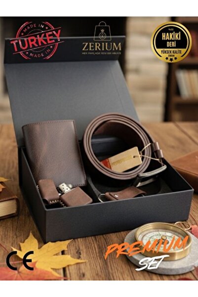 ZERİUM Σετ δώρου από γνήσιο δέρμα για άνδρες - Πορτοφόλι, ζώνη, αναπτήρας, μπ...