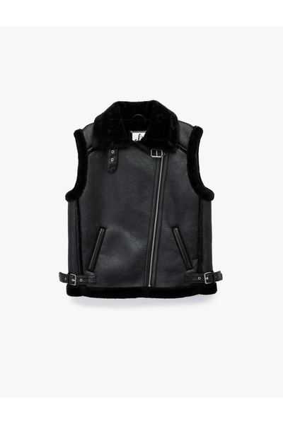 Koton aspect de piele Vestă biker fără mâneci cu guler din blană artificială și fermoar