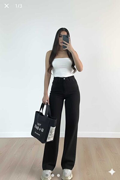 Livik Pantaloni Alina Black material elastic Super talie înaltă cu picioare largi, pantaloni palazzo casual, pantaloni din denim