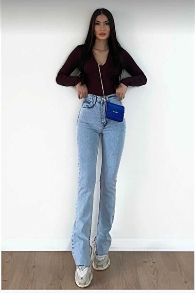 Livik Eliza Lycra laza női világoskék belső hasítékkal ellátott szupermagas derekú, bő szárú farmer farmernadrág