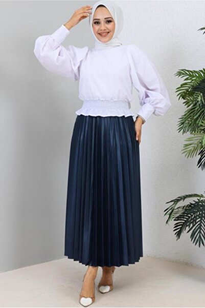 TRENDTESETTÜR WOMEN'S NAVY BLUE PLEATED WAIST RUBBER SKIRT T 8354