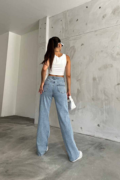 Livik Cendy ελαστικό ύφασμα Ανοιχτό μπλε Snow Super ψηλόμεσο φαρδύ τζιν παντελόνι. (εξαιρετικά υψηλό.) φαρδύ μπατζάκι .