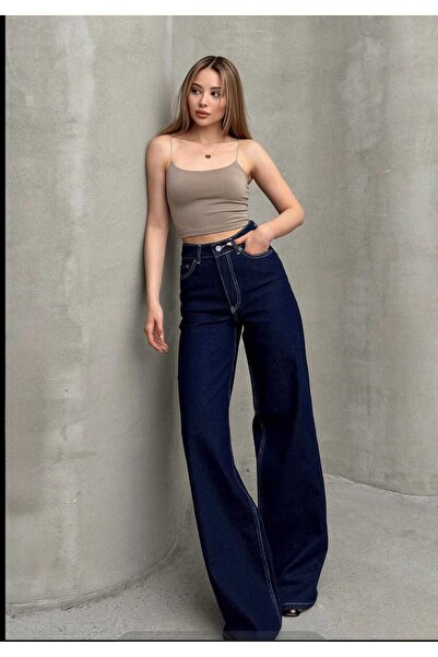 Livik Camelia Pantaloni largi pentru femei material elastic anii 90 Albastru bleumarin talie înaltă Blugi largi pantaloni palazzo