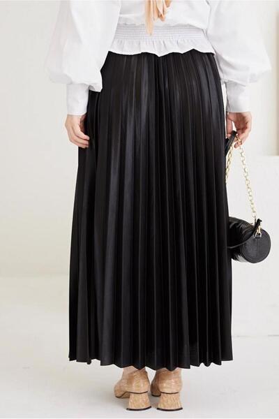 TRENDTESETTÜR WOMEN'S BLACK PLEATED ELASTIC WAIST SKIRT T 8354
