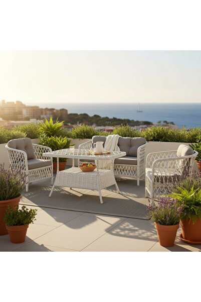 Tu Tienda TİRE ALÜMİNYUM 2 1 1 MASA RATTAN BAHÇE BALKON MOBİLYASI,BEYAZ RATTA...