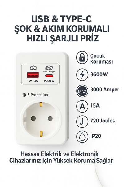 REYYEN Güvenli, Koruyucu Hızlı Şarj, Usb, Type-C, Priz ~720 Joule~ (Şok Koruma, Akım Koruma, Çocuk Koruma)