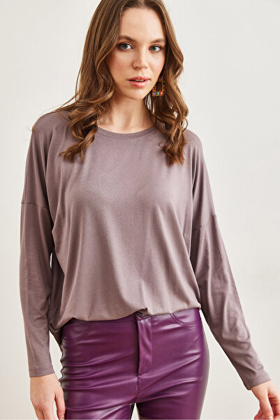 Olalook Damen-Blusenbluse aus dunklem Nerz mit Rundhalsausschnitt und Fledermausmuster BLZ- 19002588