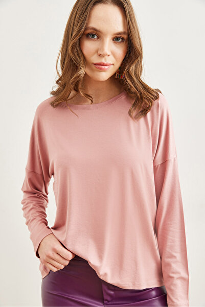 Olalook Damen Light Rose Dusty Fledermaus-Viskose-Bluse mit Rundhalsausschnitt BLZ- 19002588