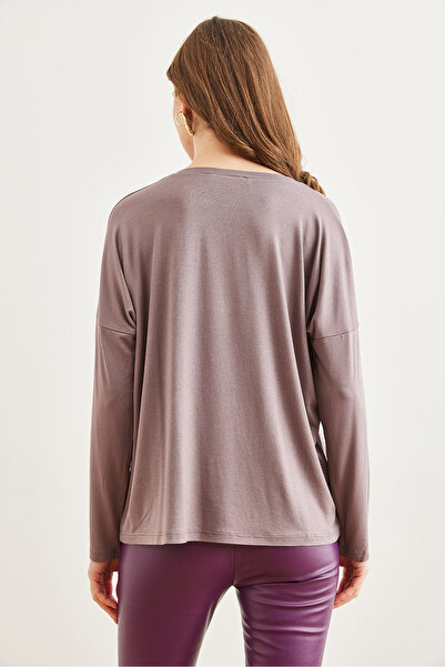 Olalook Damen-Blusenbluse aus dunklem Nerz mit Rundhalsausschnitt und Fledermausmuster BLZ- 19002588