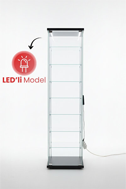 artinoks 7 RAFLI LEDLİ CAMLI VİTRİN SİYAH ( gümüşlük, sunu, kitaplık, koleksi...