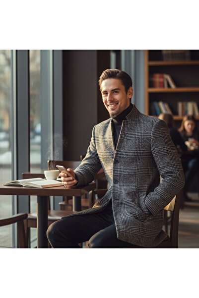 Frappoli Ανδρικό παλτό με καρό σχέδιο με κανονική εφαρμογή με γιακά με χοντρό κασμίρ