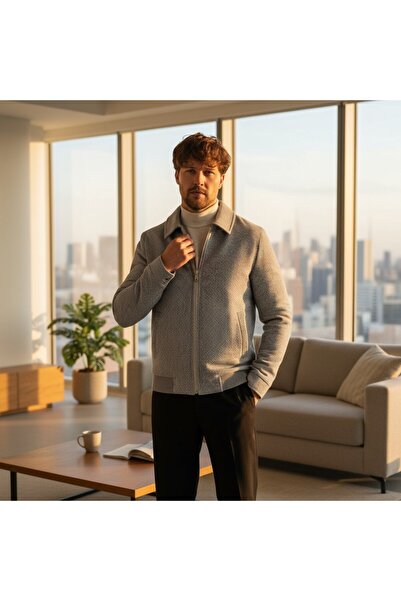 Frappoli Jorge Men's Gray Houndstooth Short Cashmere Coat with Zipper and Ribbed-Elasticated Hem