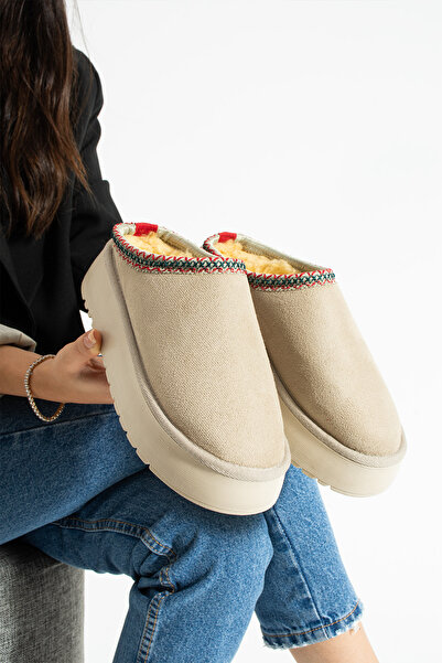 Moda Devrin Παντόφλες με χοντρή σόλα από μάλλινο μπεζ σουέντ