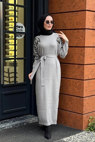 FUAT GÜRSEN Shoulder and Sleeve Embroidered F Corded Fabric Steel Mesh Belt Dress