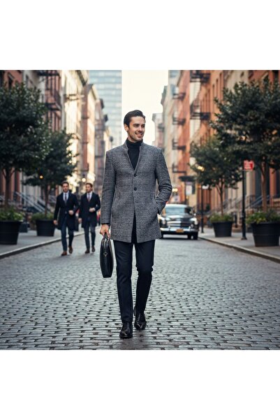 Frappoli Ανδρικό παλτό με καρό σχέδιο με κανονική εφαρμογή με γιακά με χοντρό κασμίρ