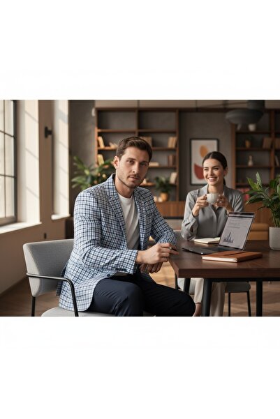 Frappoli Assente Ανδρικό A.Navy Blue - Μπλε λινό καρό καρό μονό γιακά αθλητικό σακάκι