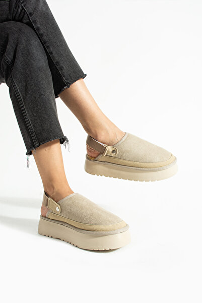 Moda Devrin Beige Suede Thick Sole Sandals with Wool Inside