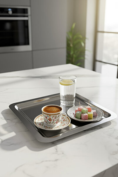 Gökdil 6 Pieces (22X22) Square Silver Color Coffee Presentation Tray