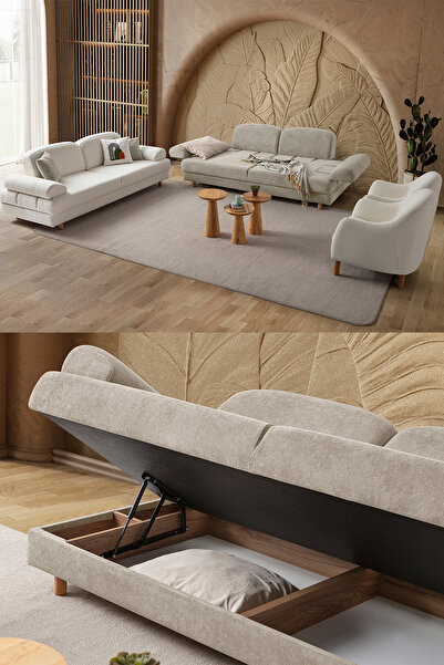 Eymense Aries Yataklı Sandıklı Koltuk Takımı 3+3+1+1 Sütlü Kahve