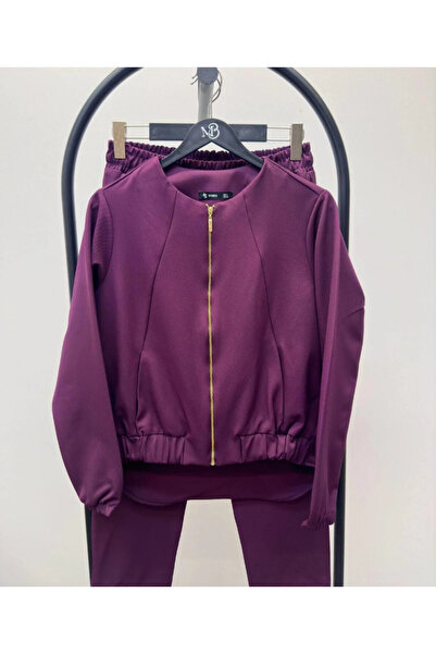 Maldia Shop Women's Zippered Jacket Pants Top and Bottom Plum Set