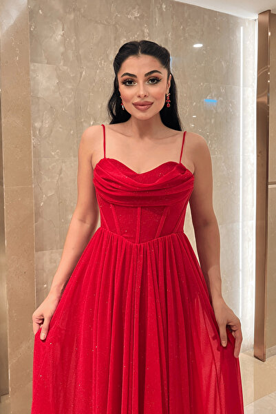 giyimmasalı Piros csillogó tulipán szövet estélyi ruha húzózsinórral