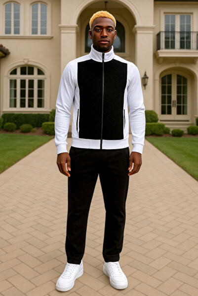 BESSA Men's Suede Detailed White Tracksuit Set Transitional Fabric Standard Fit