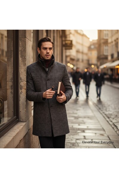 Frappoli Ανδρικό παλτό με κασμίρι - καρό σχέδιο, κανονική εφαρμογή, πολύ χοντρό, φερμουάρ και λεπτή γούνα