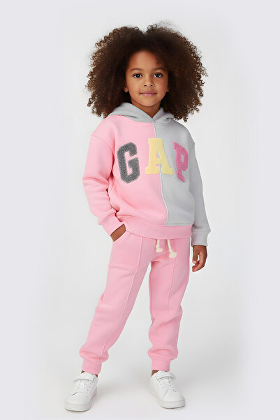 baby flamindo Hooded Süzene Embroidered Winter Fleece-Lined 3-Ply Girls' Tracksuit Set