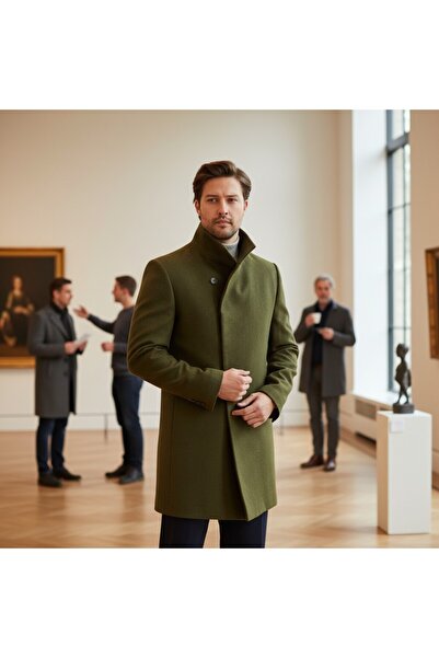 Frappoli Pagano Men's Khaki Shawl Collar Slim Fit Cashmere Coat